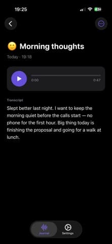 Actual Vocalio App Store screenshot showing a sample entry, transcript and playback controls