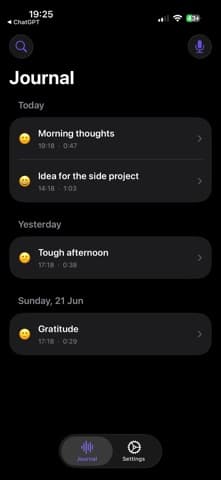 Vocalio's Journal screen showing recorded entries and mood tags