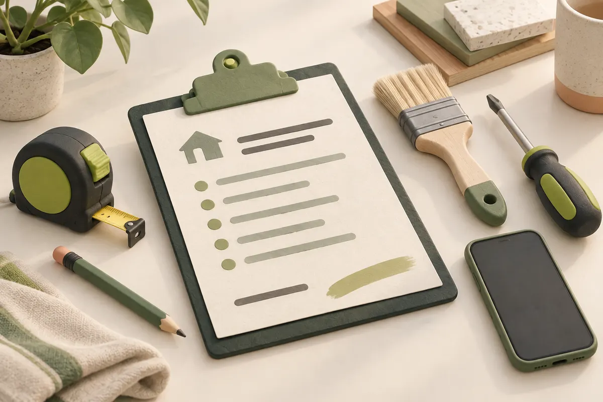 Illustration of a job estimate clipboard, measuring tape, tools and a phone