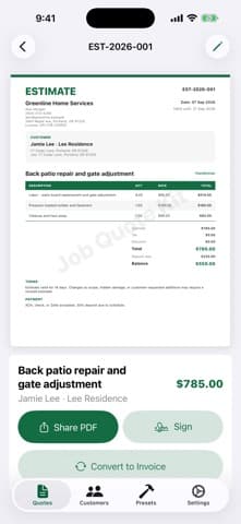 Actual Job Quote Kit estimate detail screen with sample customer and line items