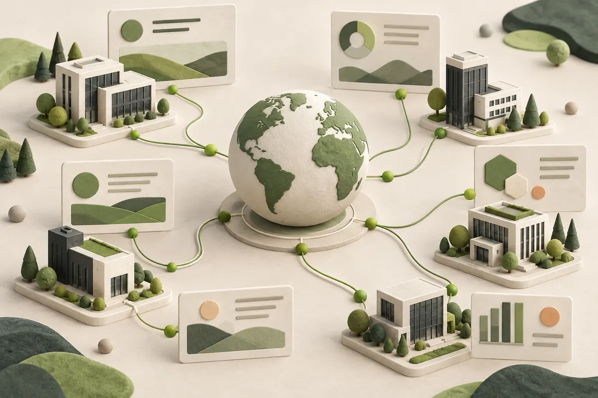 Illustration of company buildings connected to organized data cards