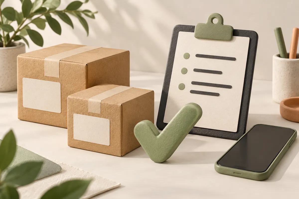 Illustration of delivery parcels, a check mark, clipboard and a phone
