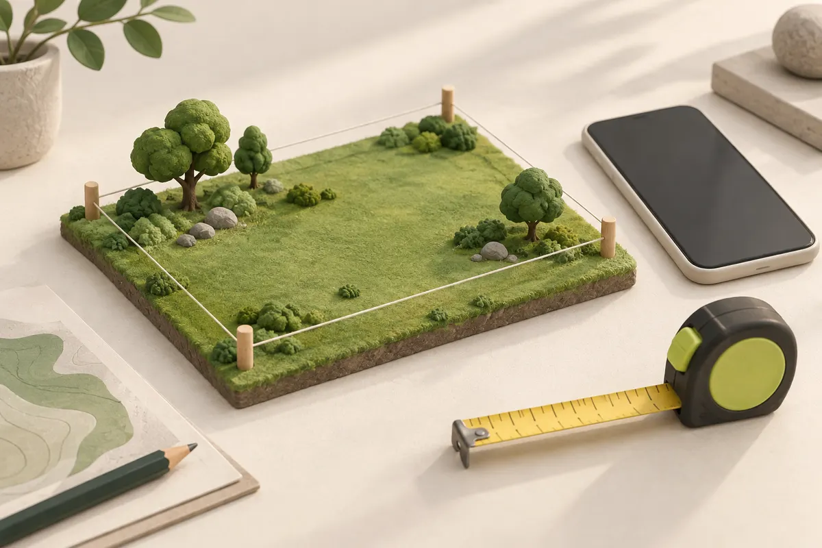 Illustration of a miniature land plot, measuring tape and a phone