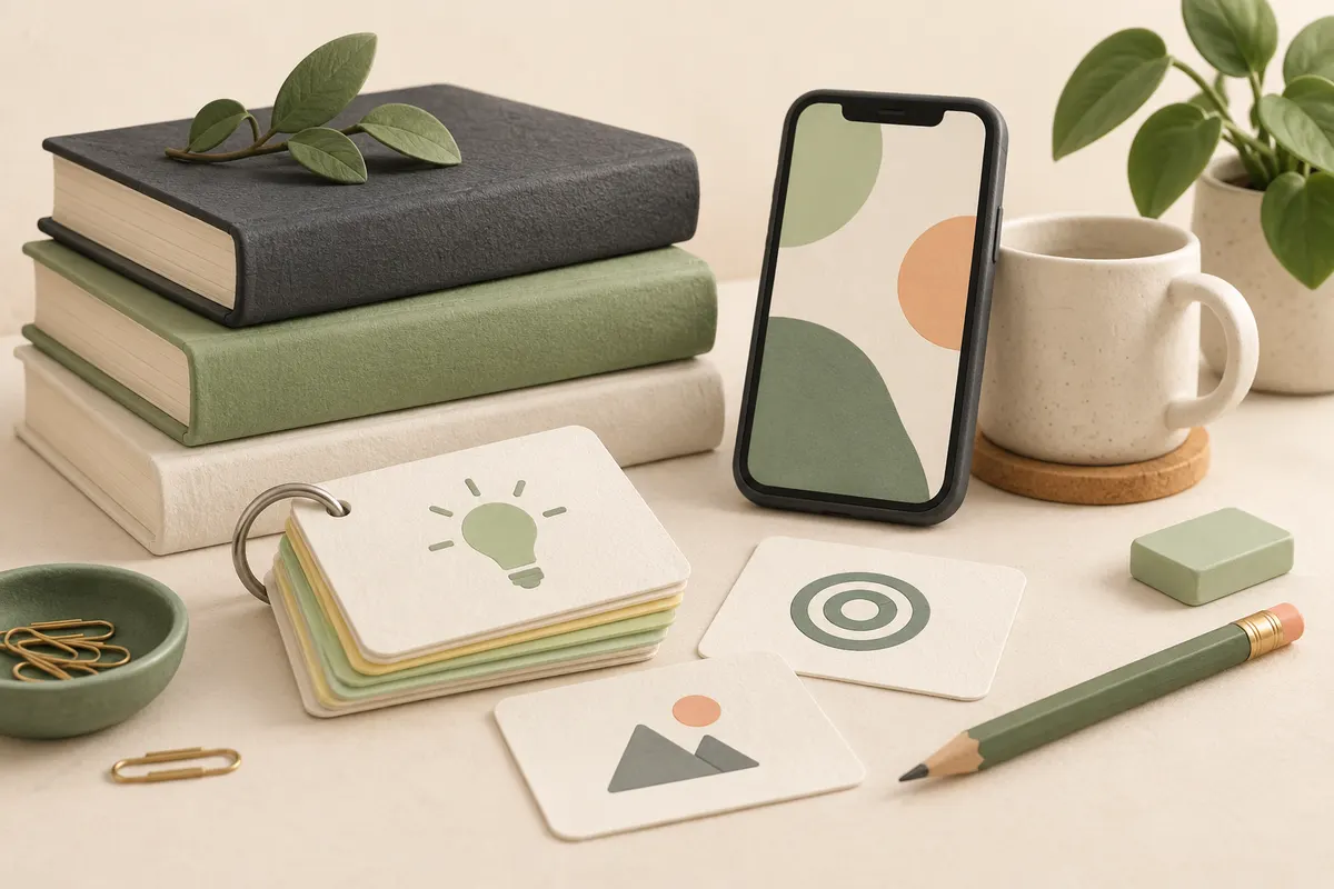 Illustration of study books, flashcards, a pencil and a phone