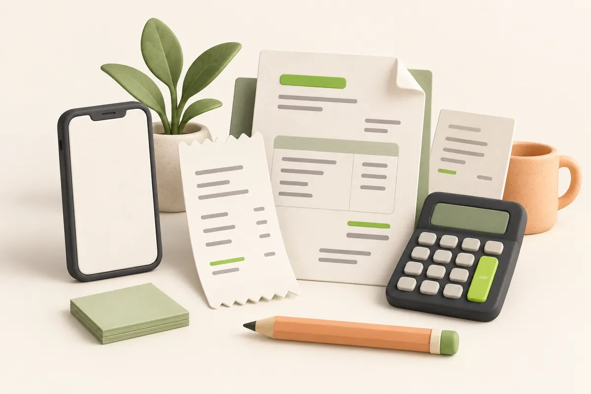 Illustration of a phone, business documents and a calculator
