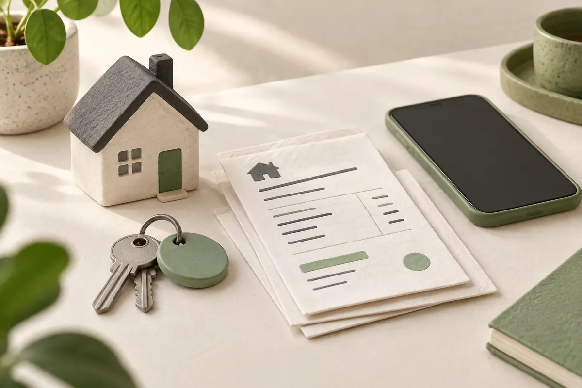 Illustration of house keys, rent receipt papers and a phone