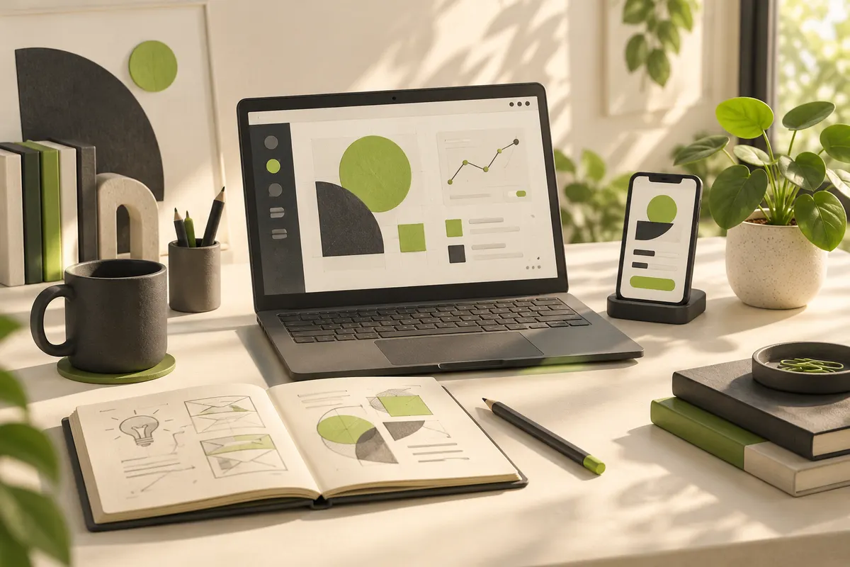 Illustration of a sunlit desk with a laptop, phone and notebook