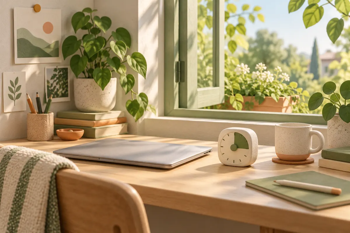 Illustration of a calm workspace by a window with plants and a break timer